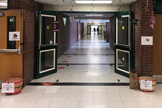 two baskets posted at the end of hallway