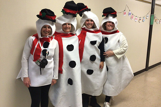 Teachers and staff at Okte celebrate Snow Much Fun week by dressing as a snowman!