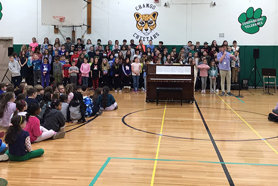 Chango's 5th grade Orchestra with Mr. Goodwin and 4th/5th grade Chorus with Mr. Poore perform for the students and staff. 