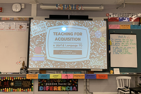 World language teachers participated in a half-day program called Acquisition Driven Instructional Strategies presented by Shen teachers Daniel Schmit and Jen Armstrong. They learned about acquisition driven strategies such as CI (comprehensible input) and explored the new NYS world language standards.