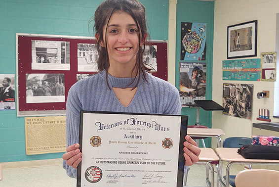 Koda gr. 8 student Analiese Eckert was 1 of 3 Shen students to win the Patriot's Pen Essay Contest sponsored by the VFW - Veterans of Foreign Wars.