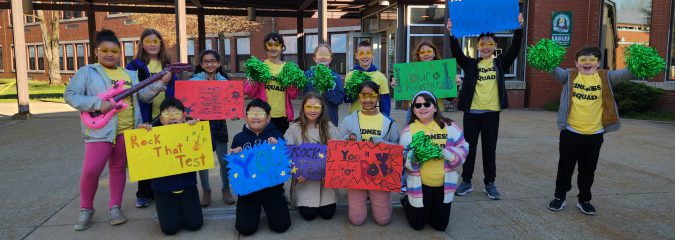 The Arongen Kindness Club consisting of 4th and 5th graders cheered on the 3rd graders during school arrival for their first ever NYS Test!