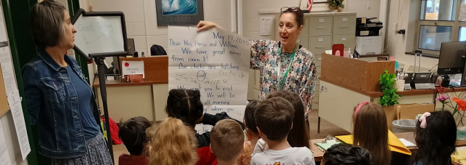 Skano kindergarteners invite Mrs. Florio to see the chicks that hatched in their classroom.