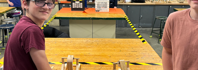  Students in Mr. Symonds’ Tech 8 class are using their skills to build and test catapults. A lot of learning occurs as students work through multiple iterations of their catapults.